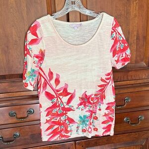 Calypso St. Barth Red and Cream Floral Short Sleeve Top